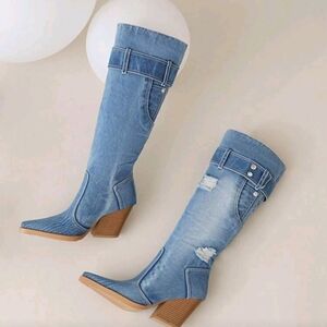 Vivianly Blue Denim Heeled Boots